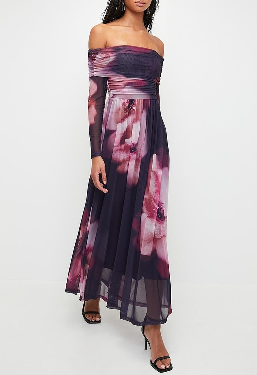 MILLA - Bardot mesh fit & flare maxi dress - Moody Burgundy Blurred Floral
