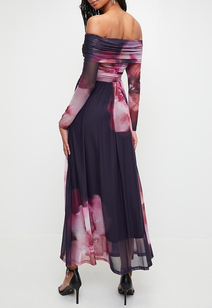 MILLA - Bardot mesh fit & flare maxi dress - Moody Burgundy Blurred Floral