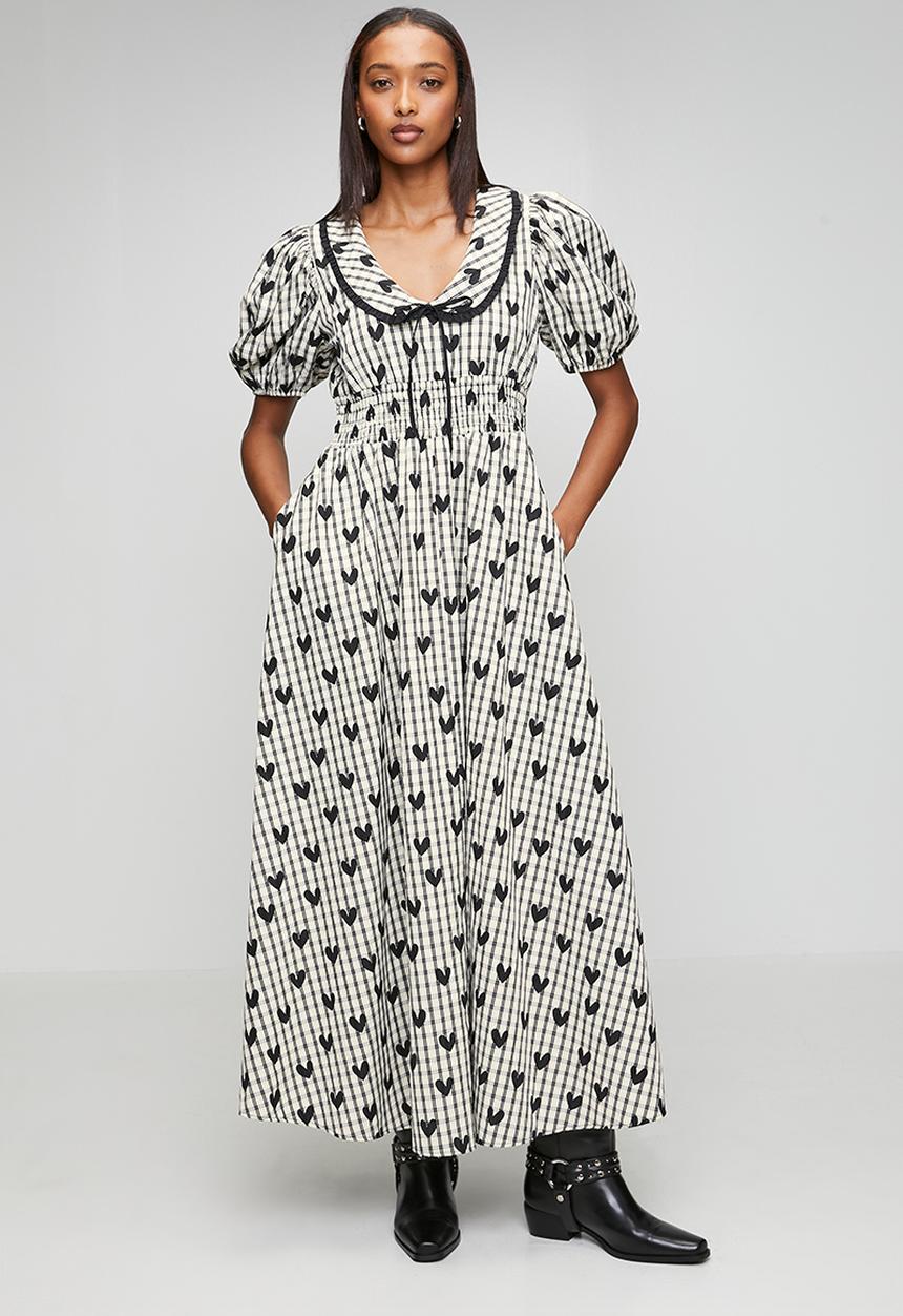 Me&B - Check with Heart Shirred Midi Dress - Multi