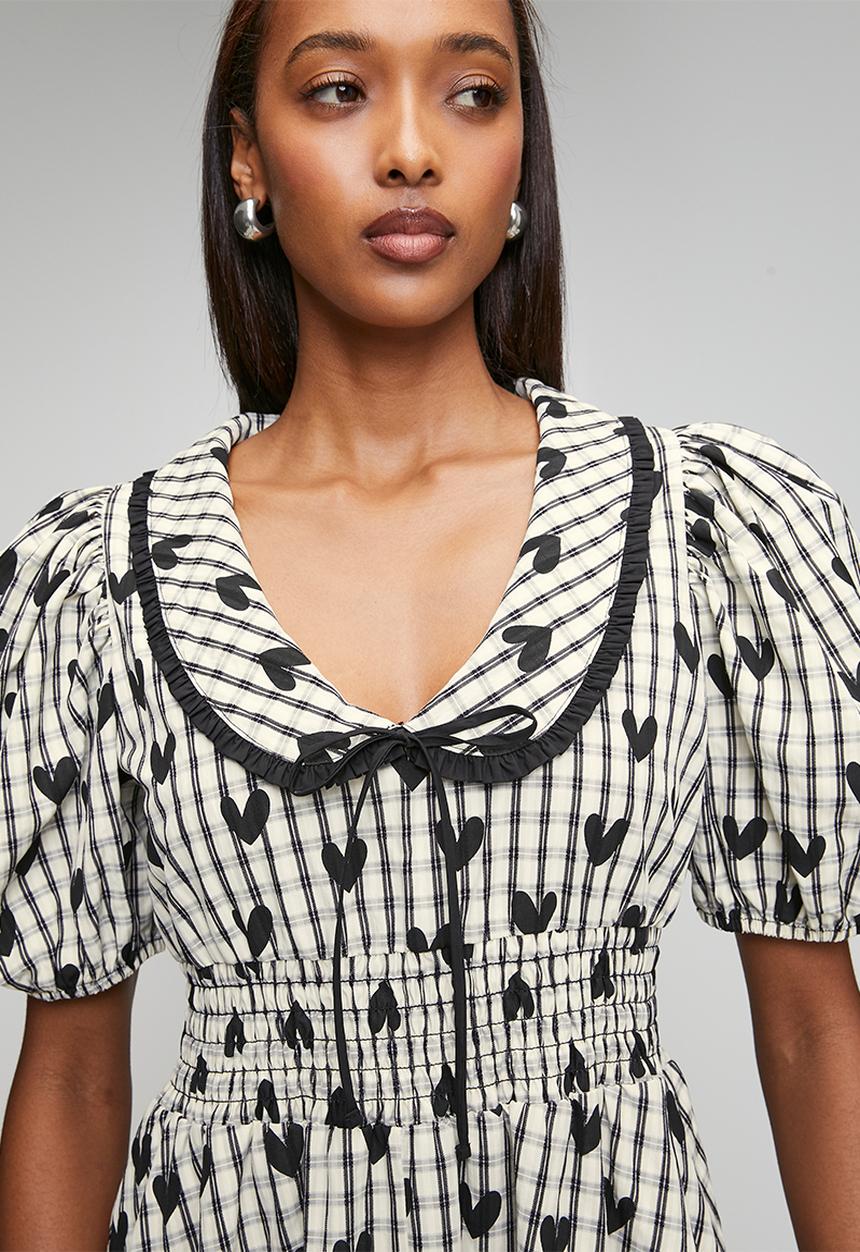 Me&B - Check with Heart Shirred Midi Dress - Multi