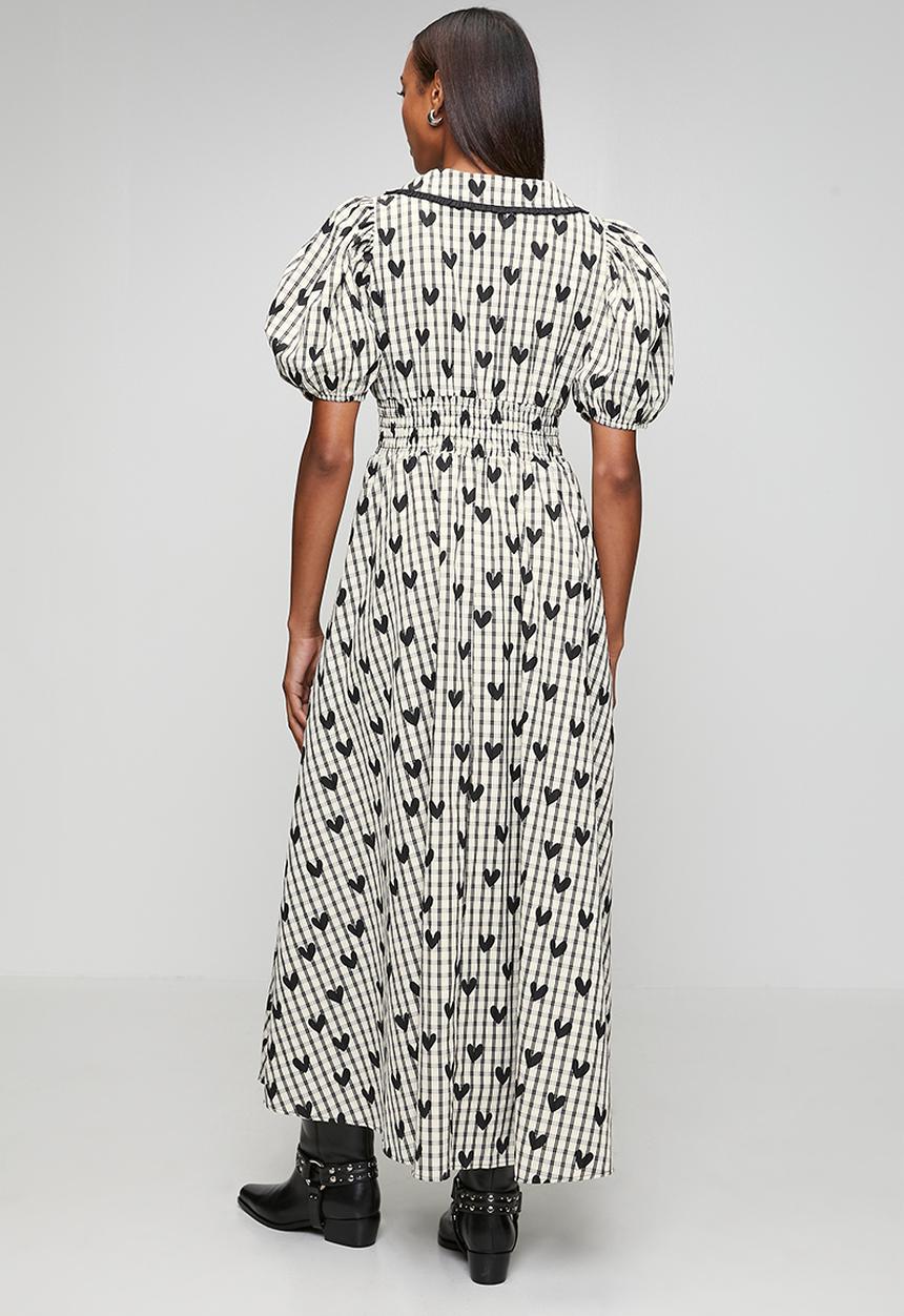 Me&B - Check with Heart Shirred Midi Dress - Multi