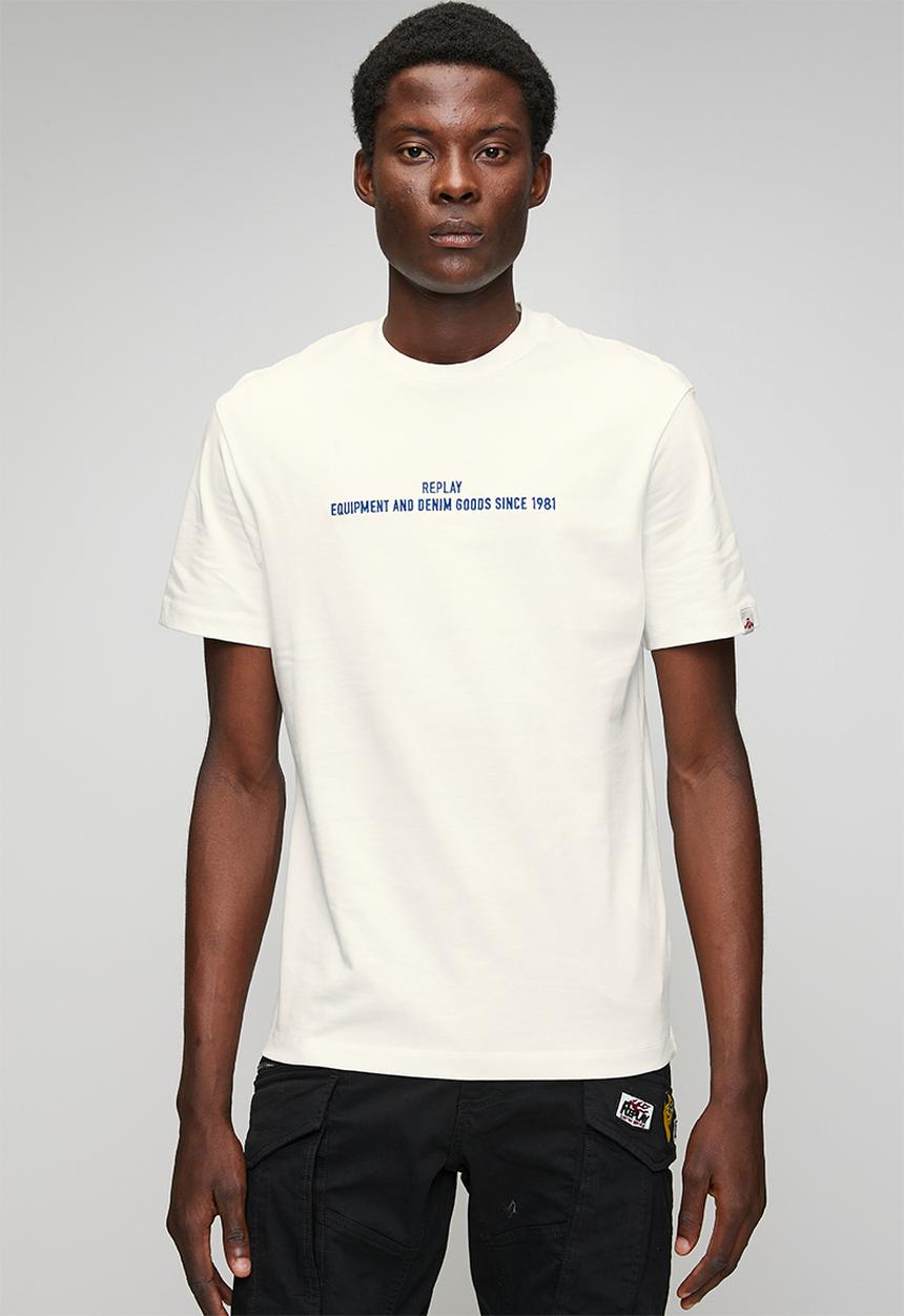 Replay - Jersey T-shirt with Lettering Embroidery - Natural White
