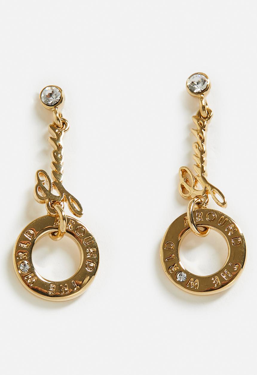 GUESS - Around The World Disc With Logo Earrings - Gold