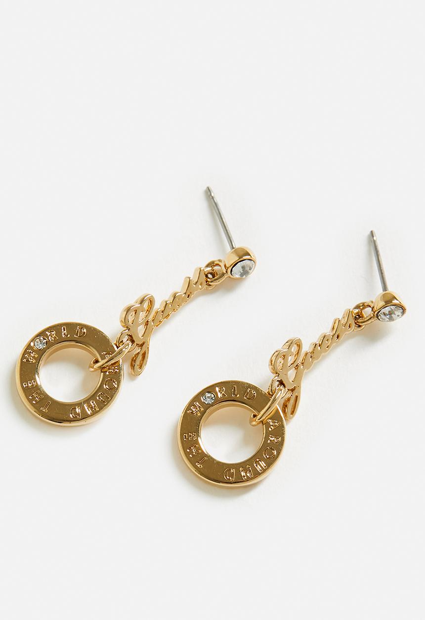 GUESS - Around The World Disc With Logo Earrings - Gold