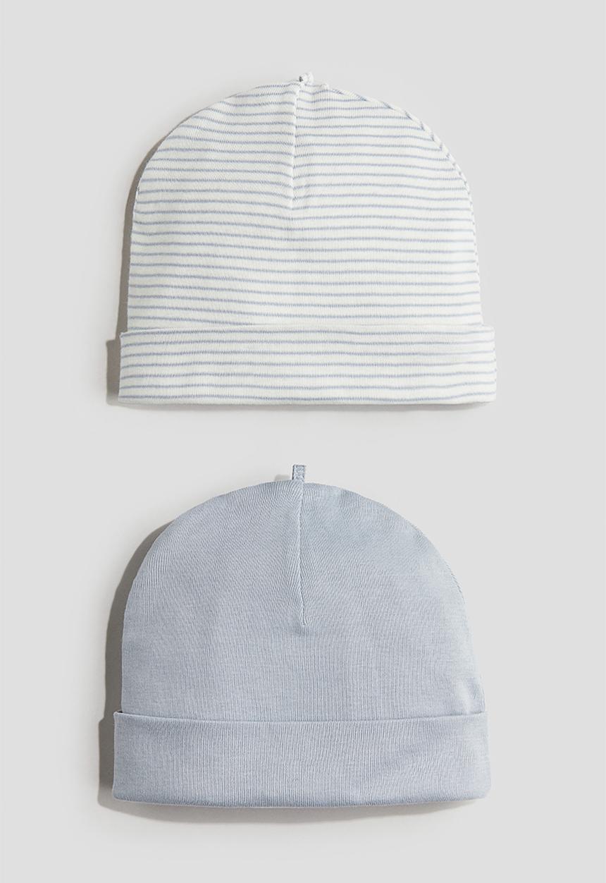 H&M - 2-Pack cotton beanies - light dusty blue/striped