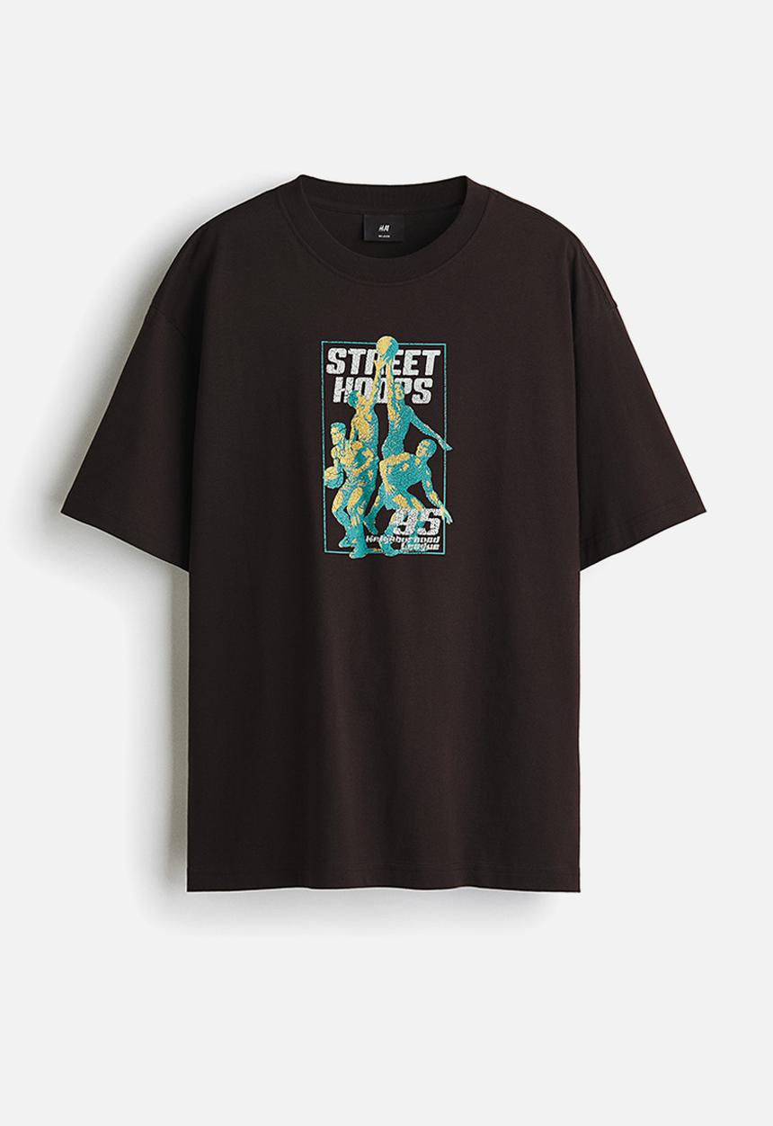 H&M - Loose fit printed t-shirt - brown/street hoops