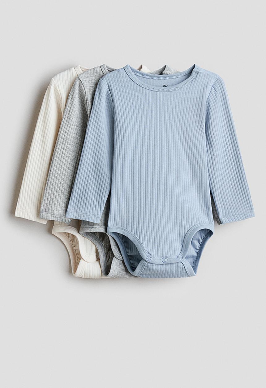H&M - 3-Pack ribbed bodysuits - light blue/light grey