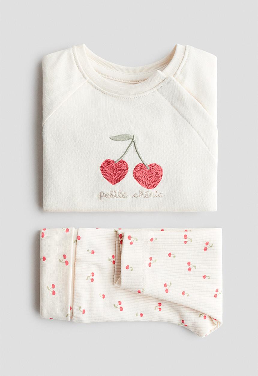 H&M - 2-Piece cotton set - white/petite cherrie