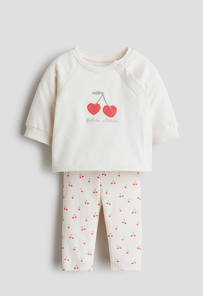 H&M - 2-Piece cotton set - white/petite cherrie