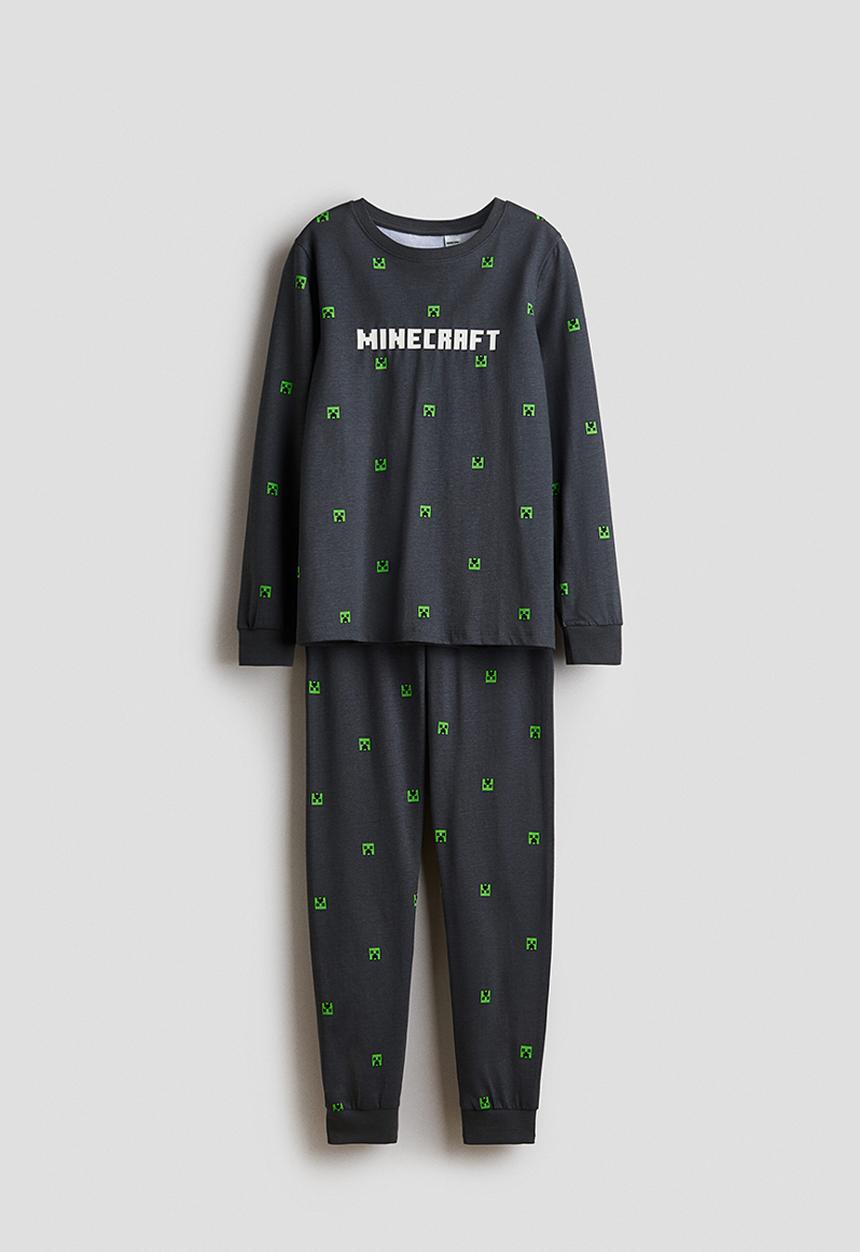 H&M - Printed cotton jersey pyjamas - dark grey/minecraft