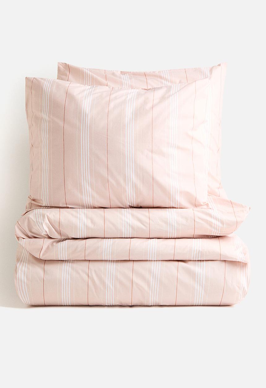 H&M - Cotton percale double/king duvet cover set - light pink/striped