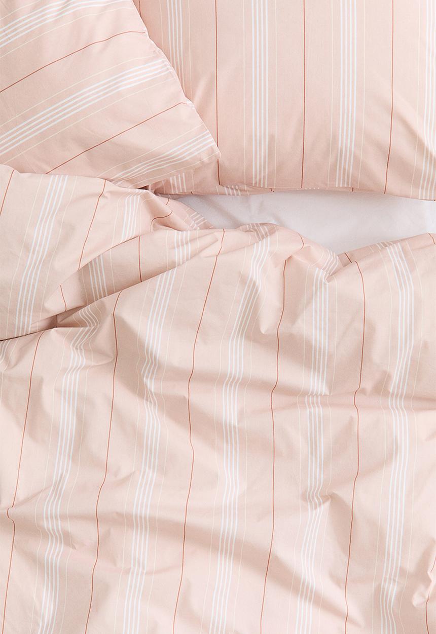 H&M - Cotton percale double/king duvet cover set - light pink/striped