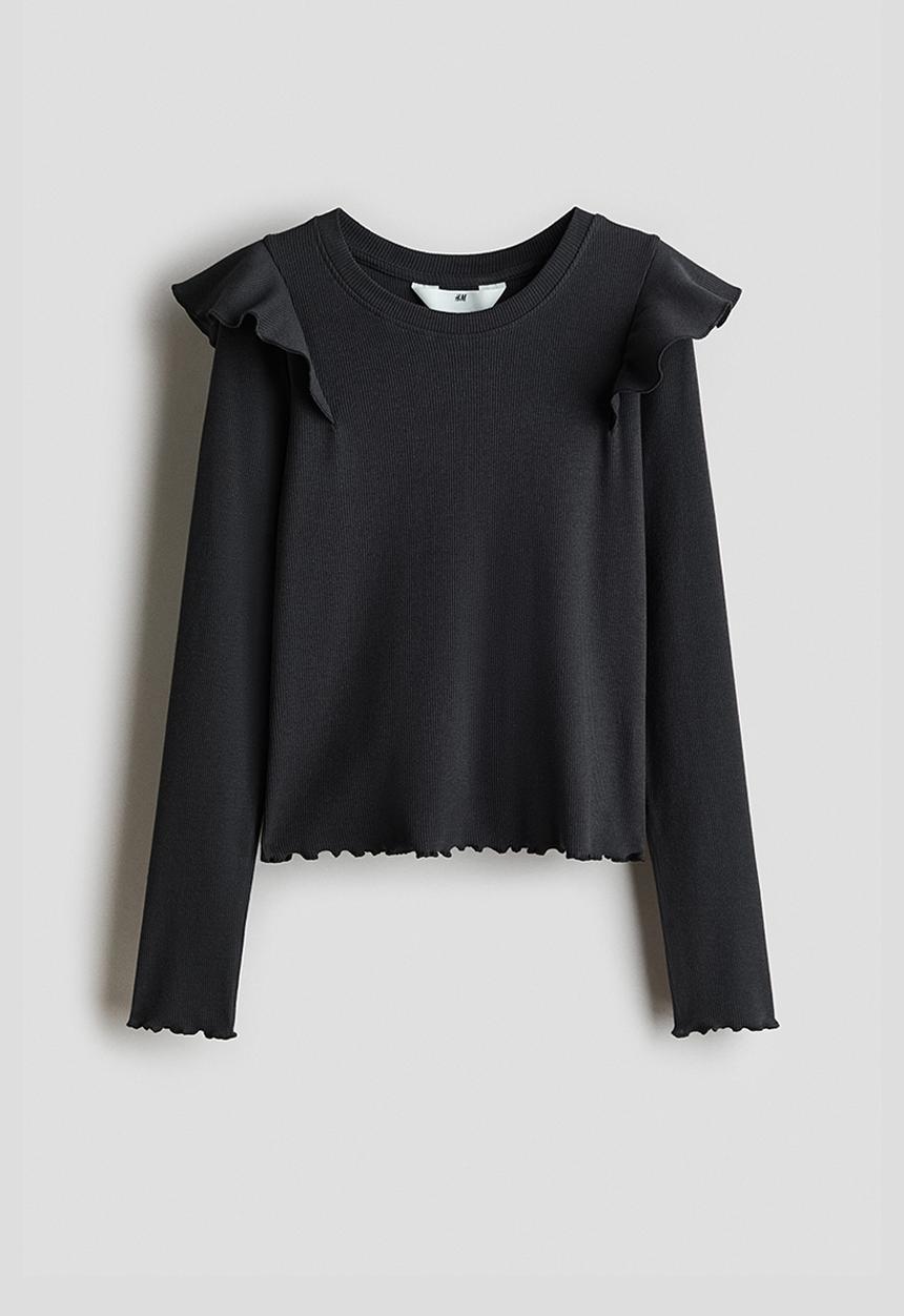 H&M - Frill-trimmed cotton top - dark grey