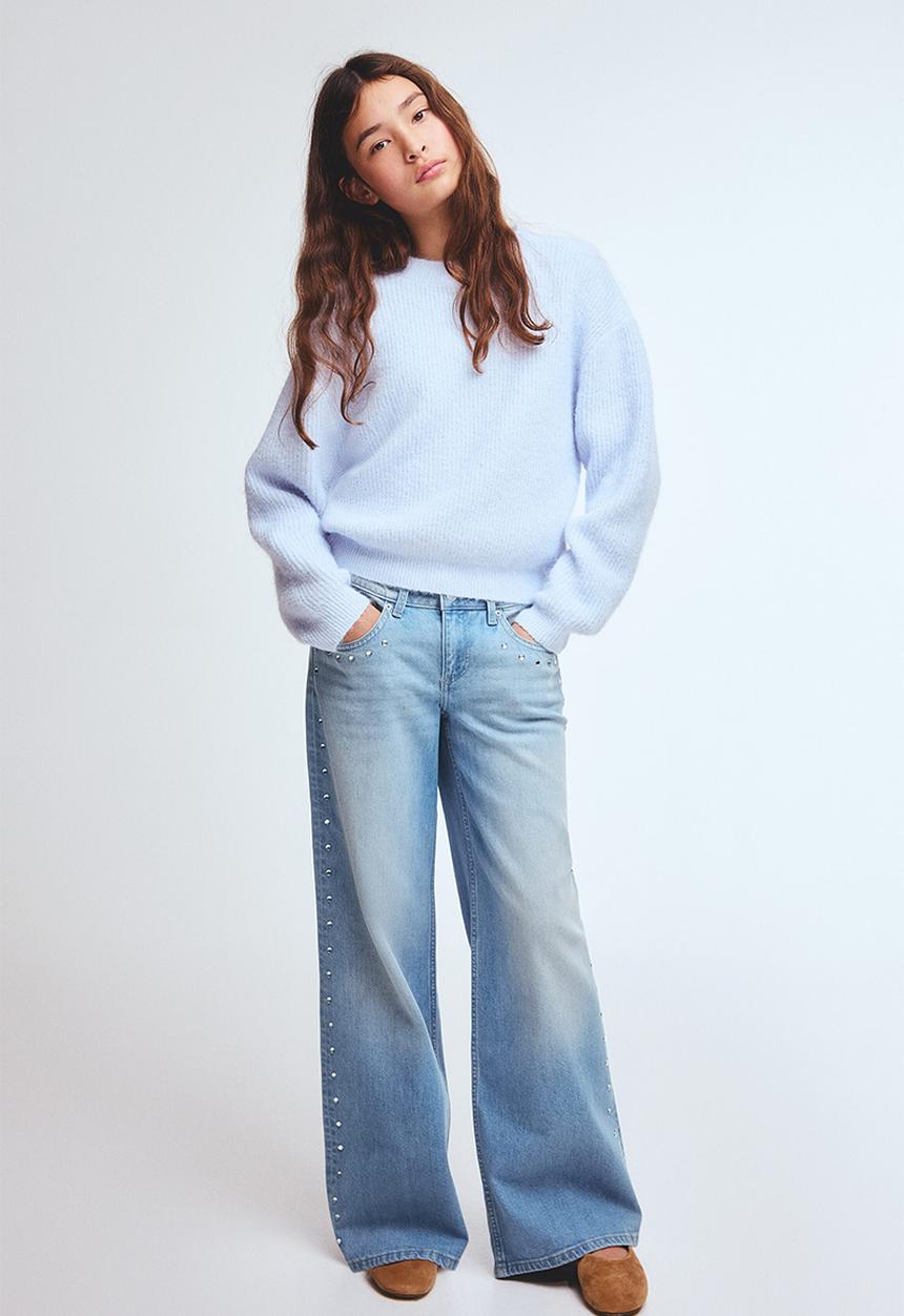 H&M - Studded wide leg low jeans - light denim blue/studs