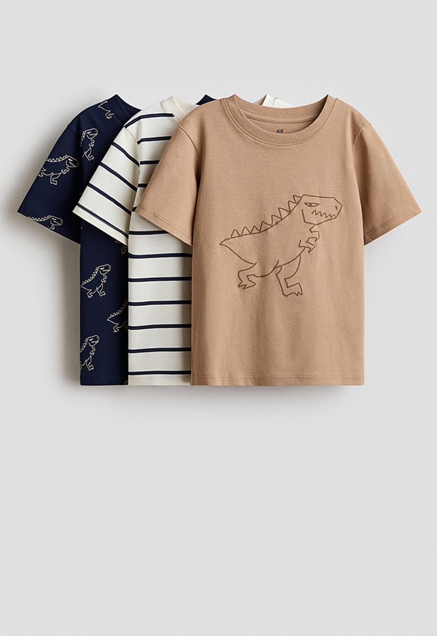 H&M - 3-pack cotton T-shirts - beige/dinosaurs
