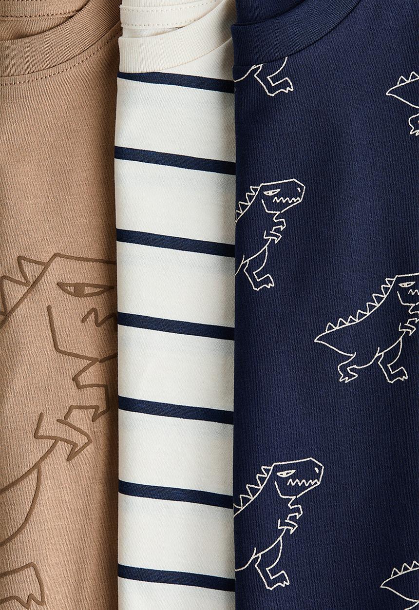 H&M - 3-pack cotton T-shirts - beige/dinosaurs