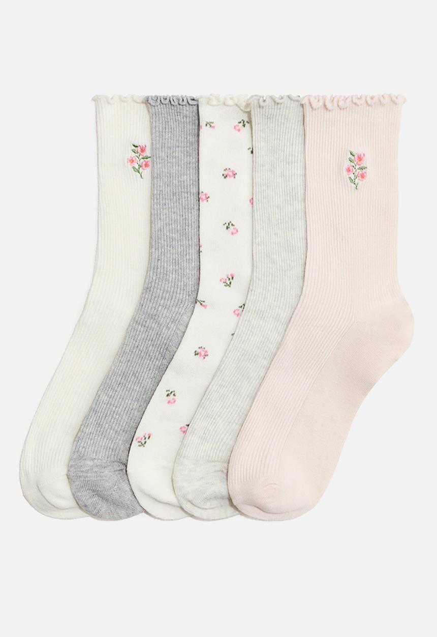 H&M - 5-pack rib-knit socks - white/floral