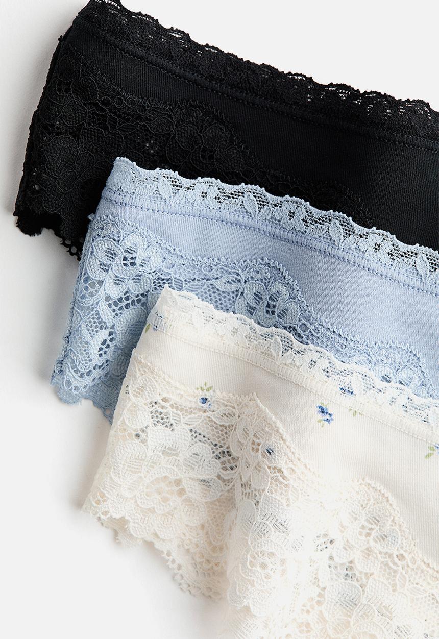 H&M - 3-pack cotton and lace brazilian briefs - white/light blue/black