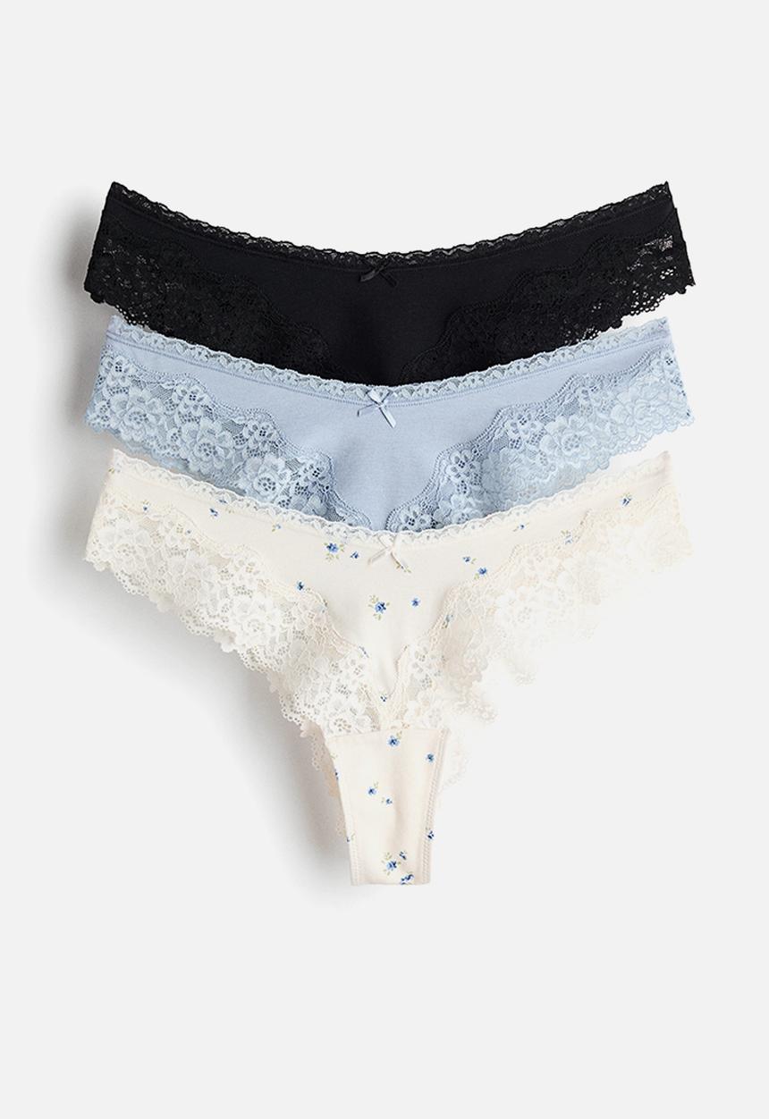 H&M - 3-pack cotton and lace brazilian briefs - white/light blue/black