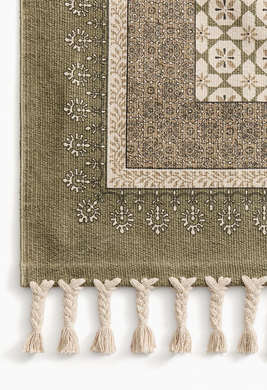 H&M - Fringed cotton runner rug - olive green/patterned