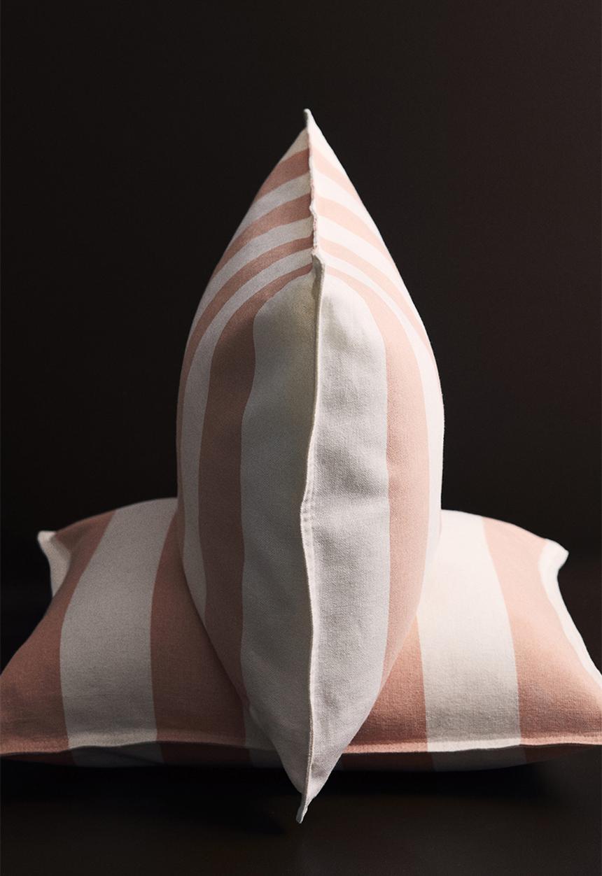 H&M - Linen-blend cushion cover - light dusty pink/striped