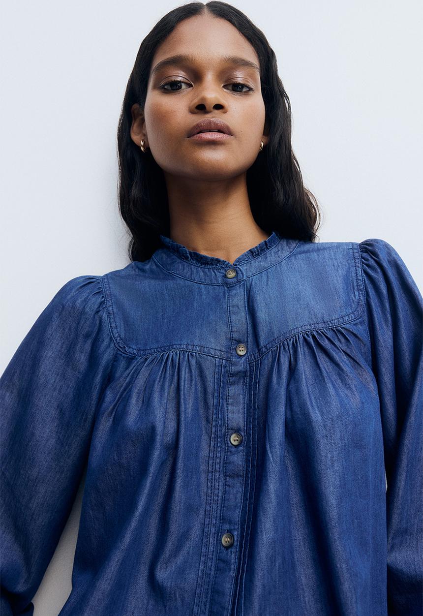 Frill-trimmed denim blouse - dark denim blue - 1313417001