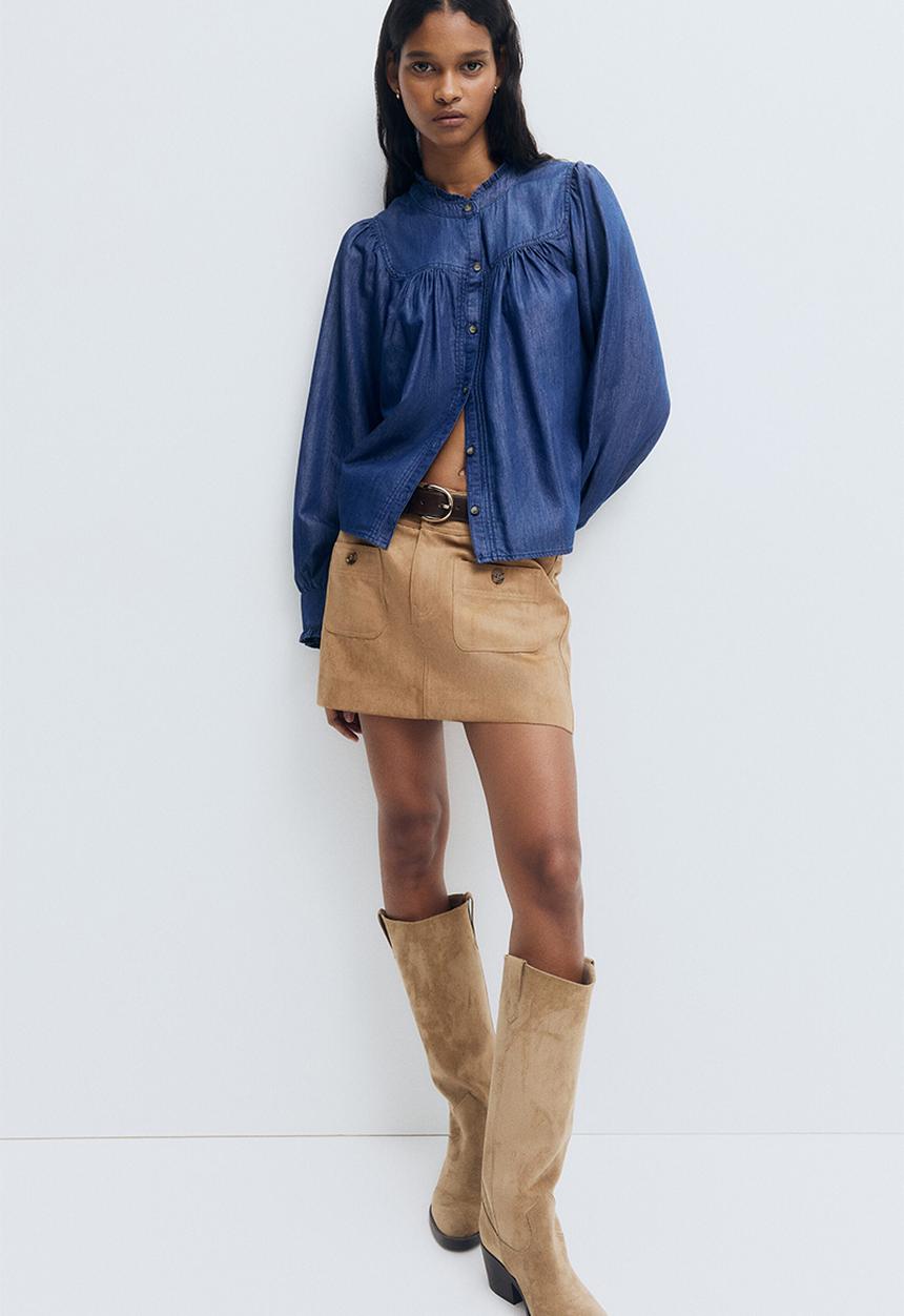 H&M - Frill-trimmed denim blouse - dark denim blue