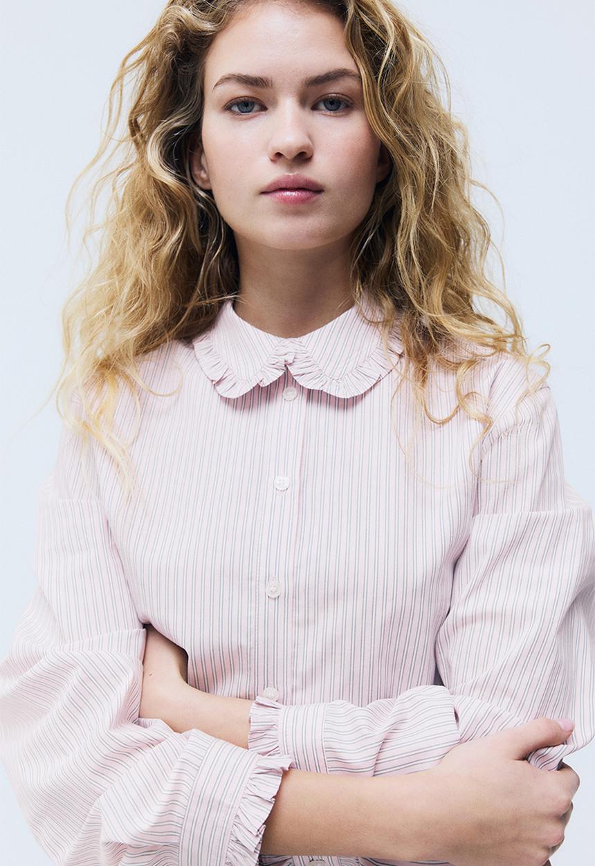 H&M - Frill-trimmed shirt - light pink/striped