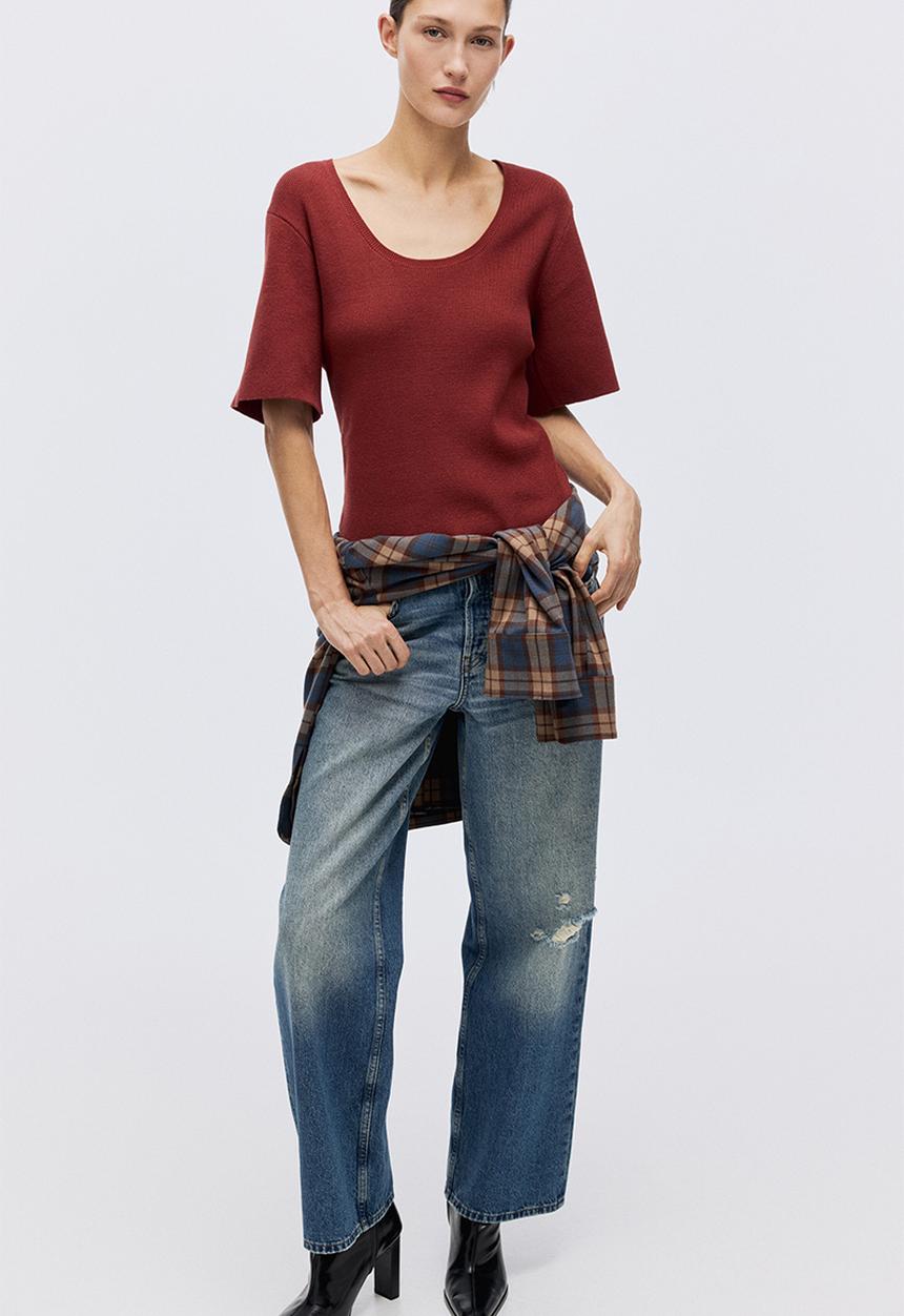 H&M - Fine-knit T-shirt - dark red