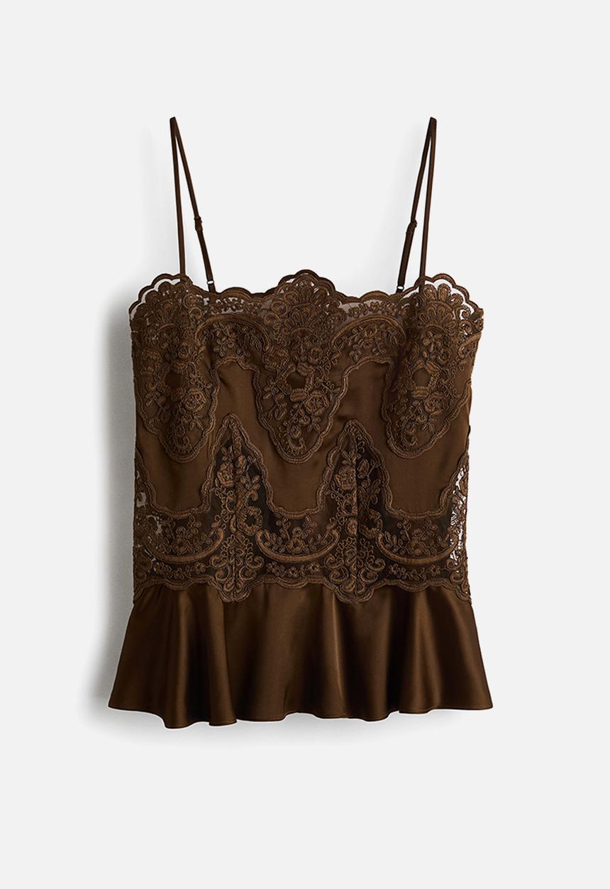 H&M - Lace-detail satin top - brown