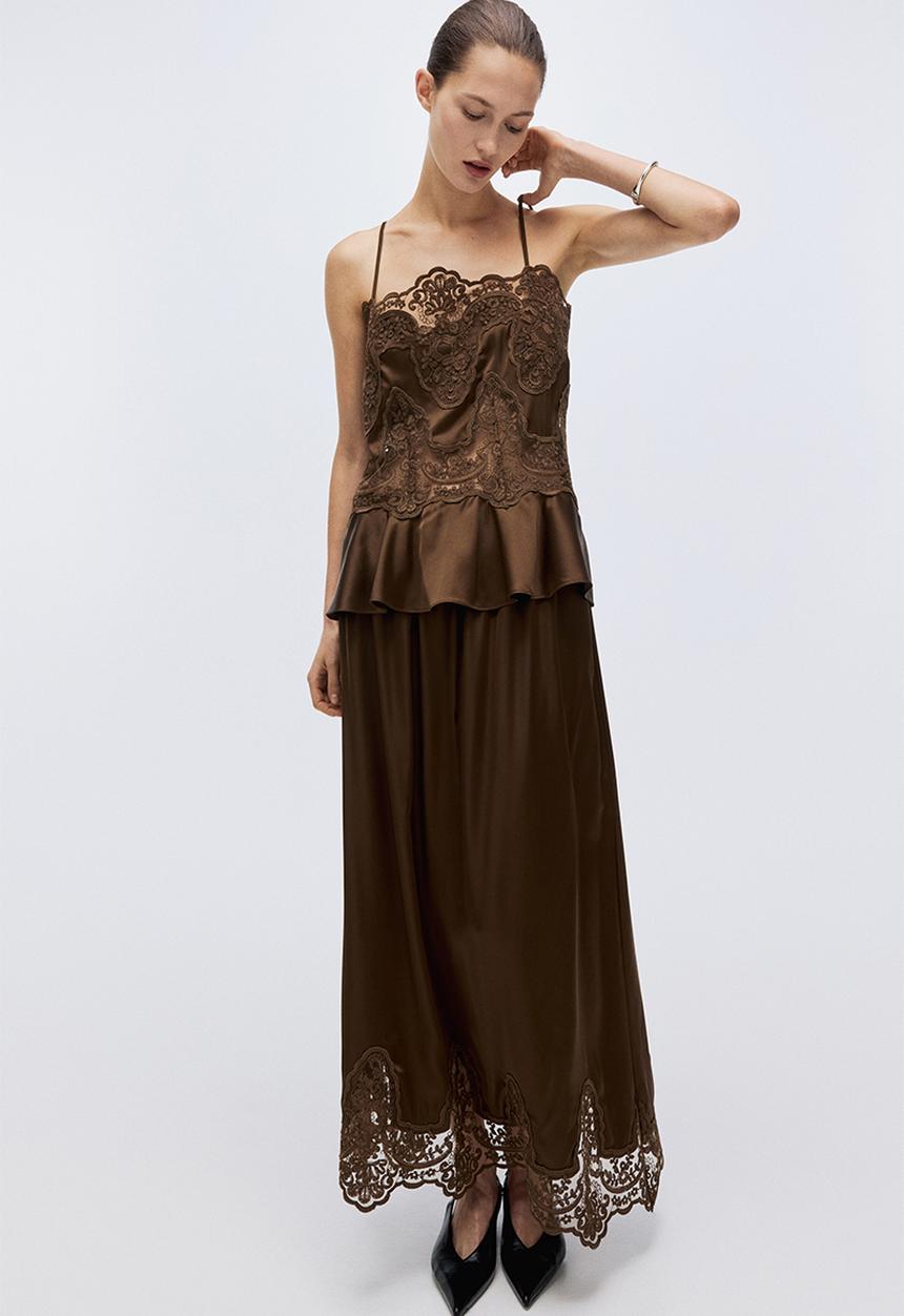 H&M - Lace-detail satin top - brown