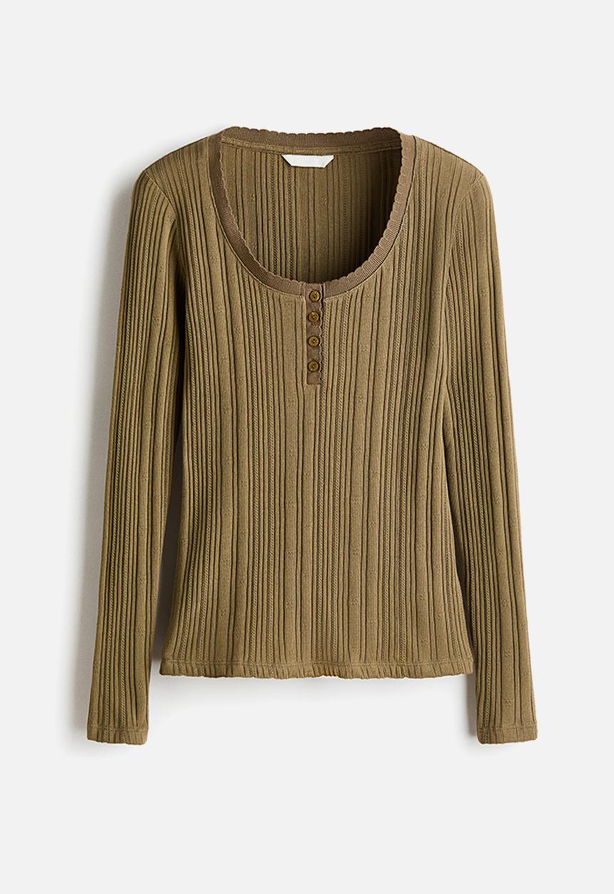 H&M - Pointelle-knit cotton top - khaki green