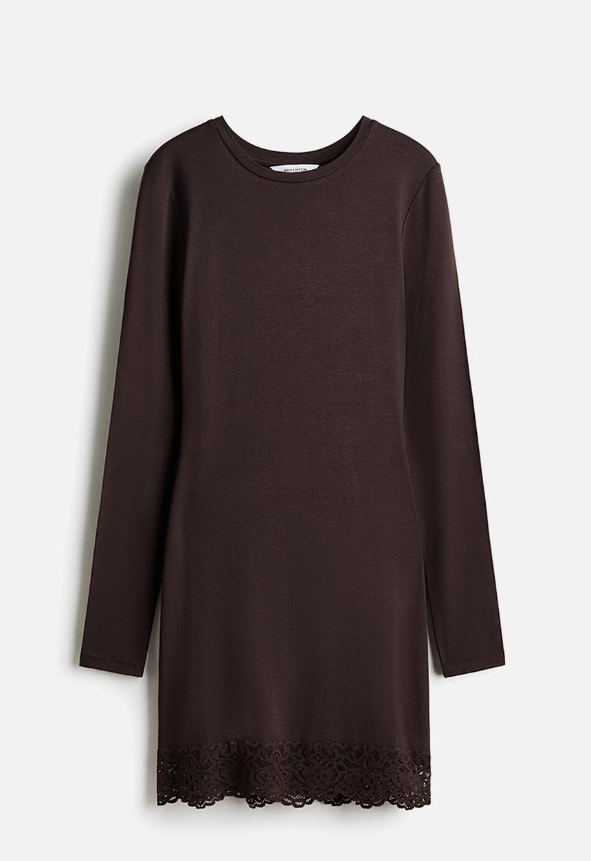 H&M - Lace-trimmed jersey dress - dark brown