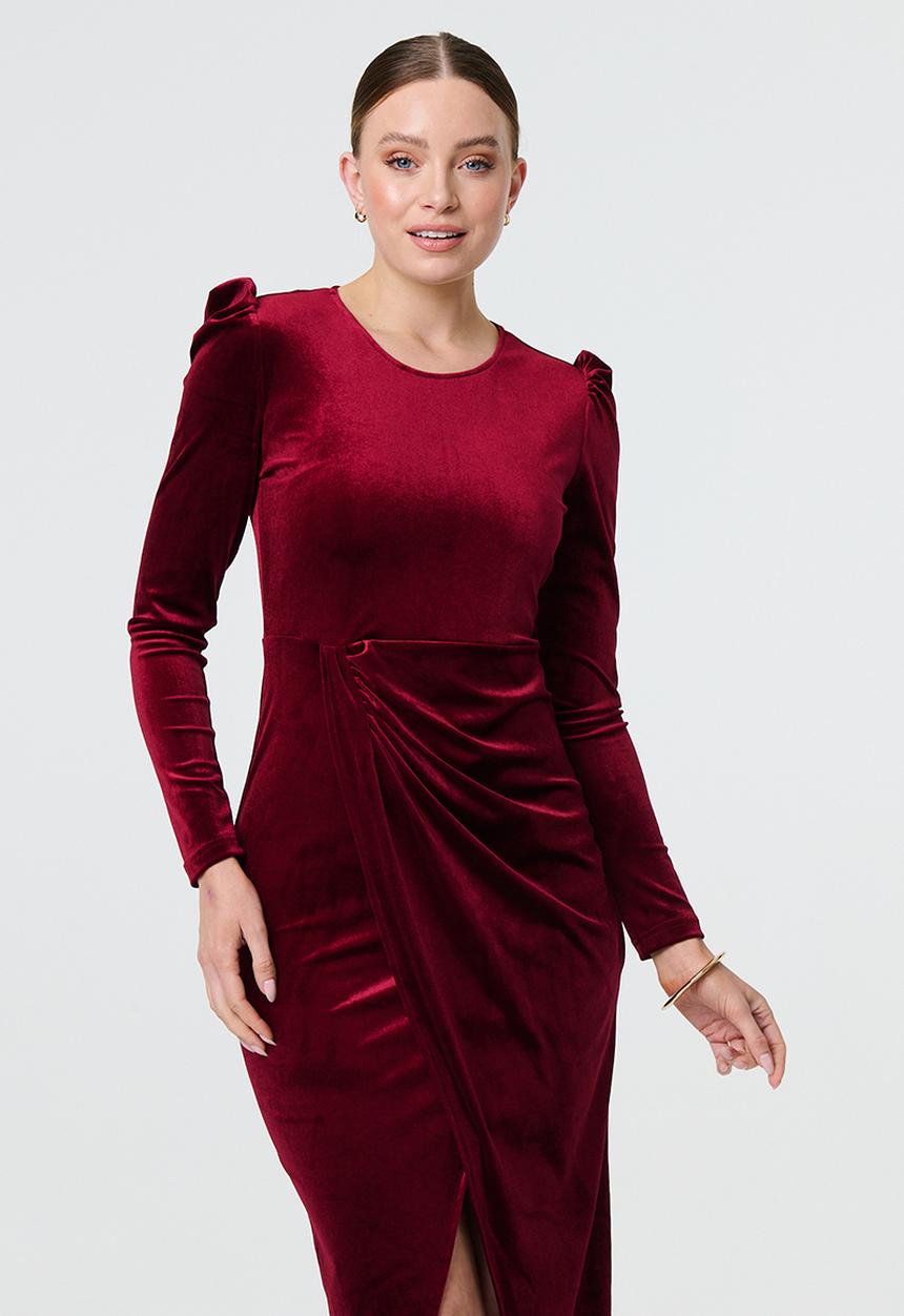 Izabel London - Long sleeve velvet with front side slit dress - red