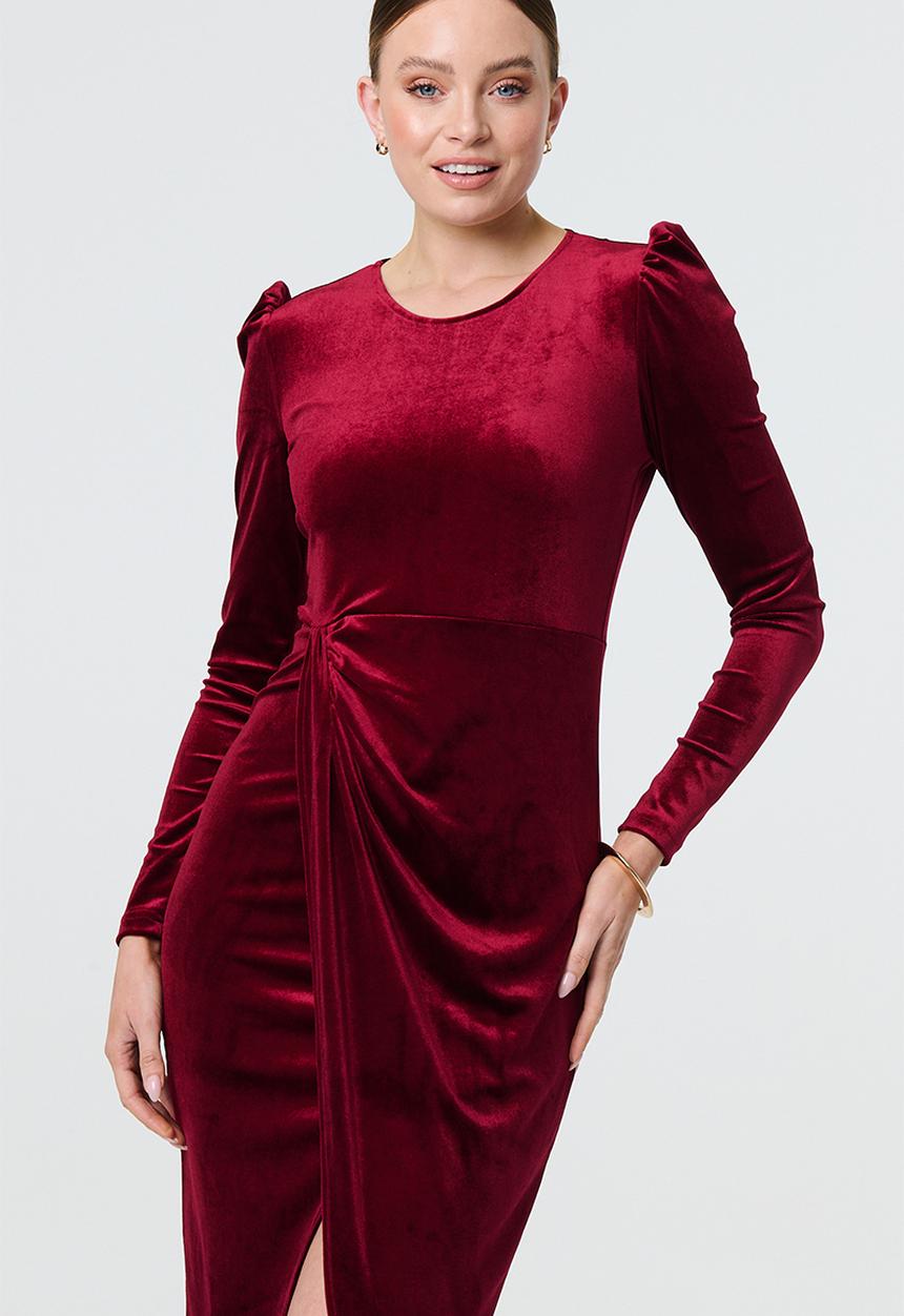 Izabel London - Long sleeve velvet with front side slit dress - red