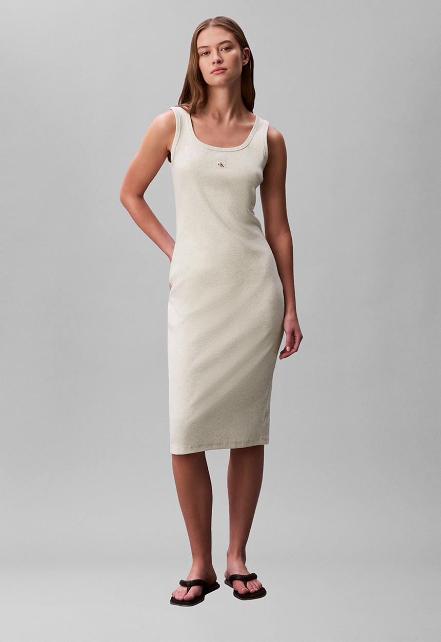 Calvin Klein - Sl baby rib woven label square nk dress - vanilla heather