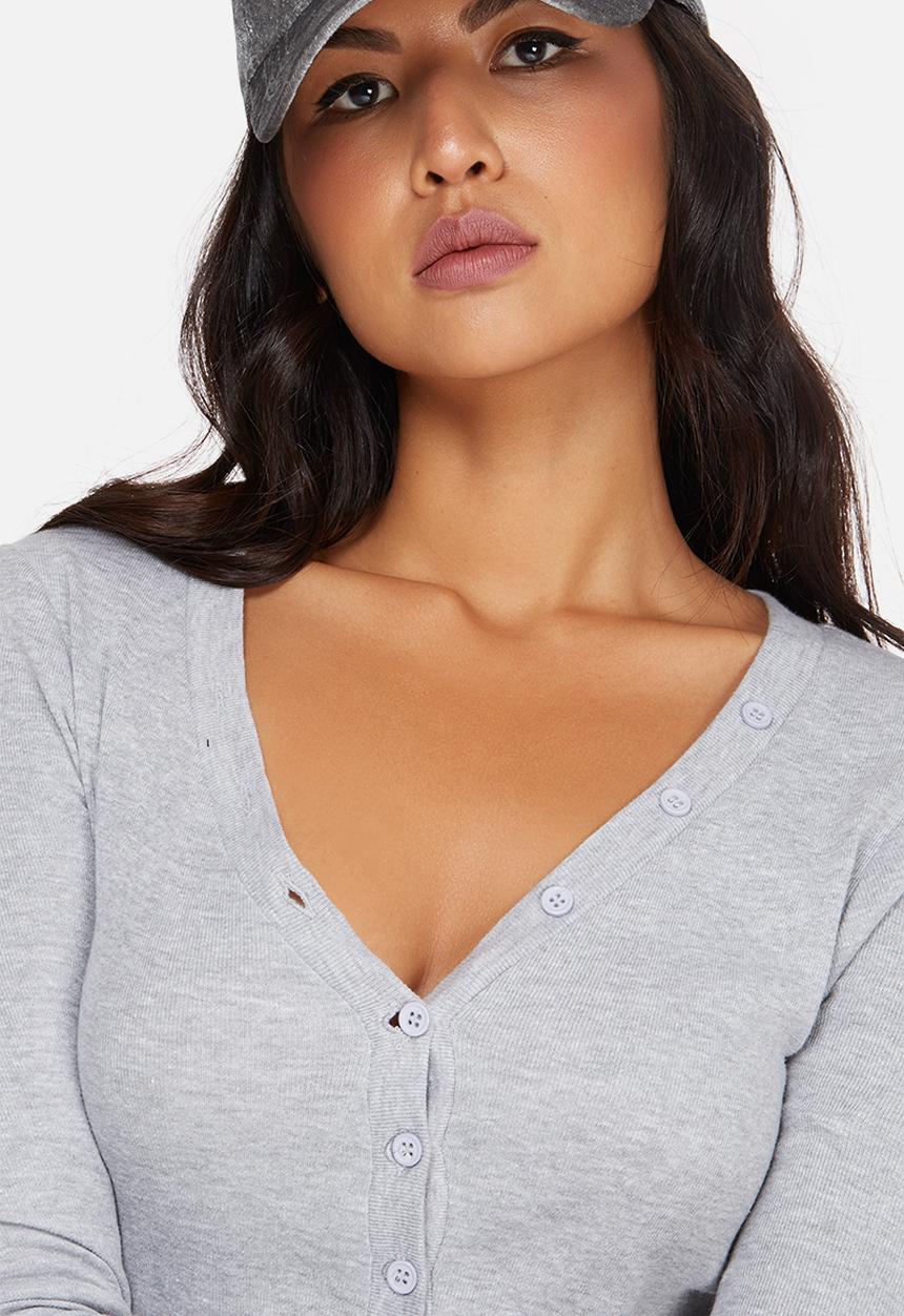 Missguided - Rib long sleeve button front bodysuit