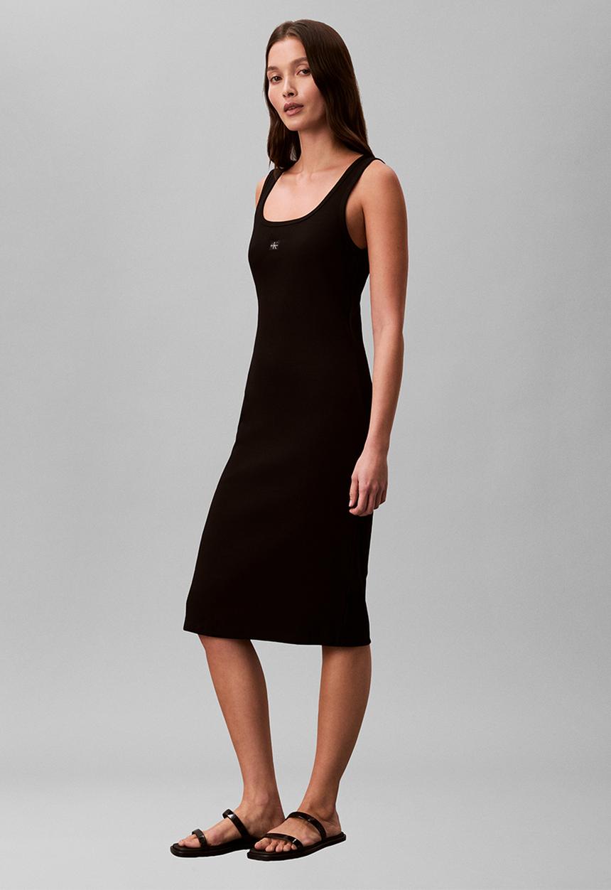 Calvin Klein - Sleeveless baby rib woven label square nk dress - black
