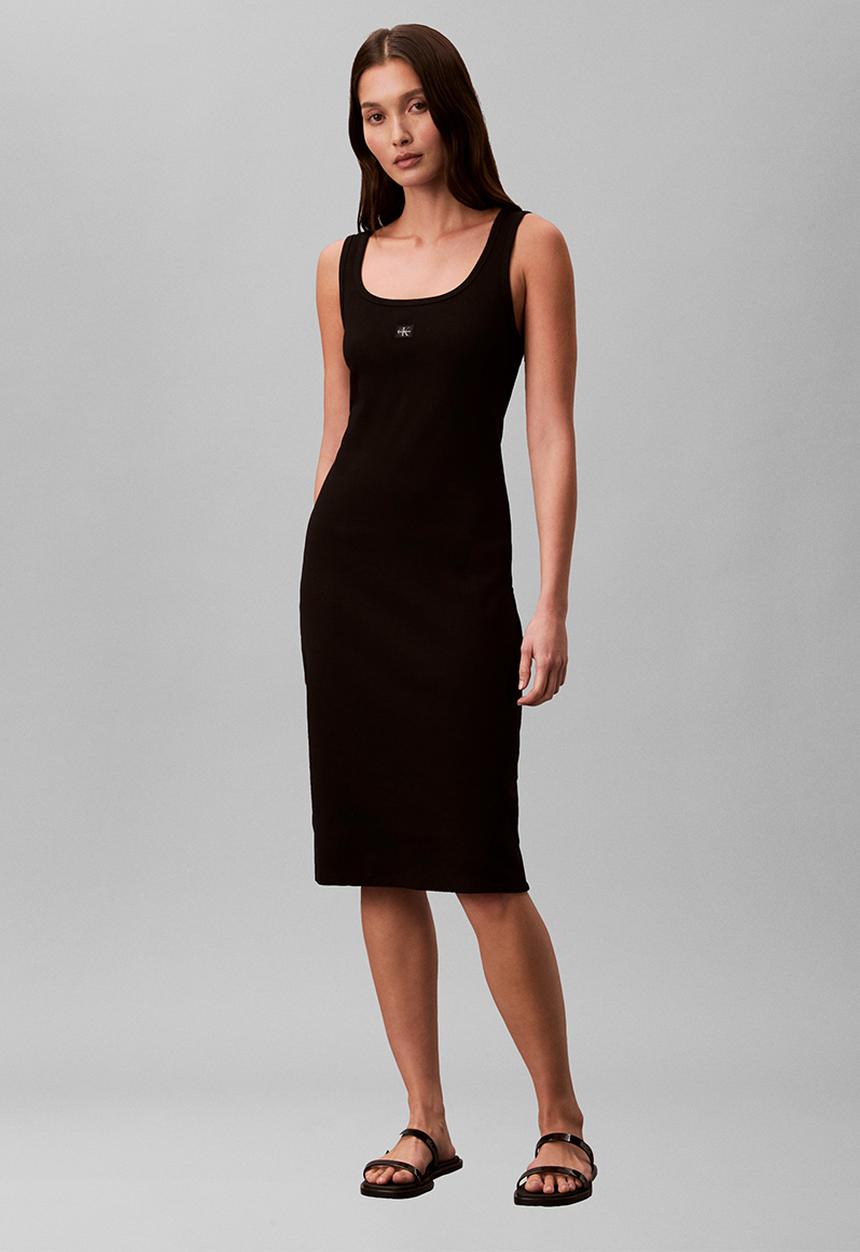 Calvin Klein - Sleeveless baby rib woven label square nk dress - black