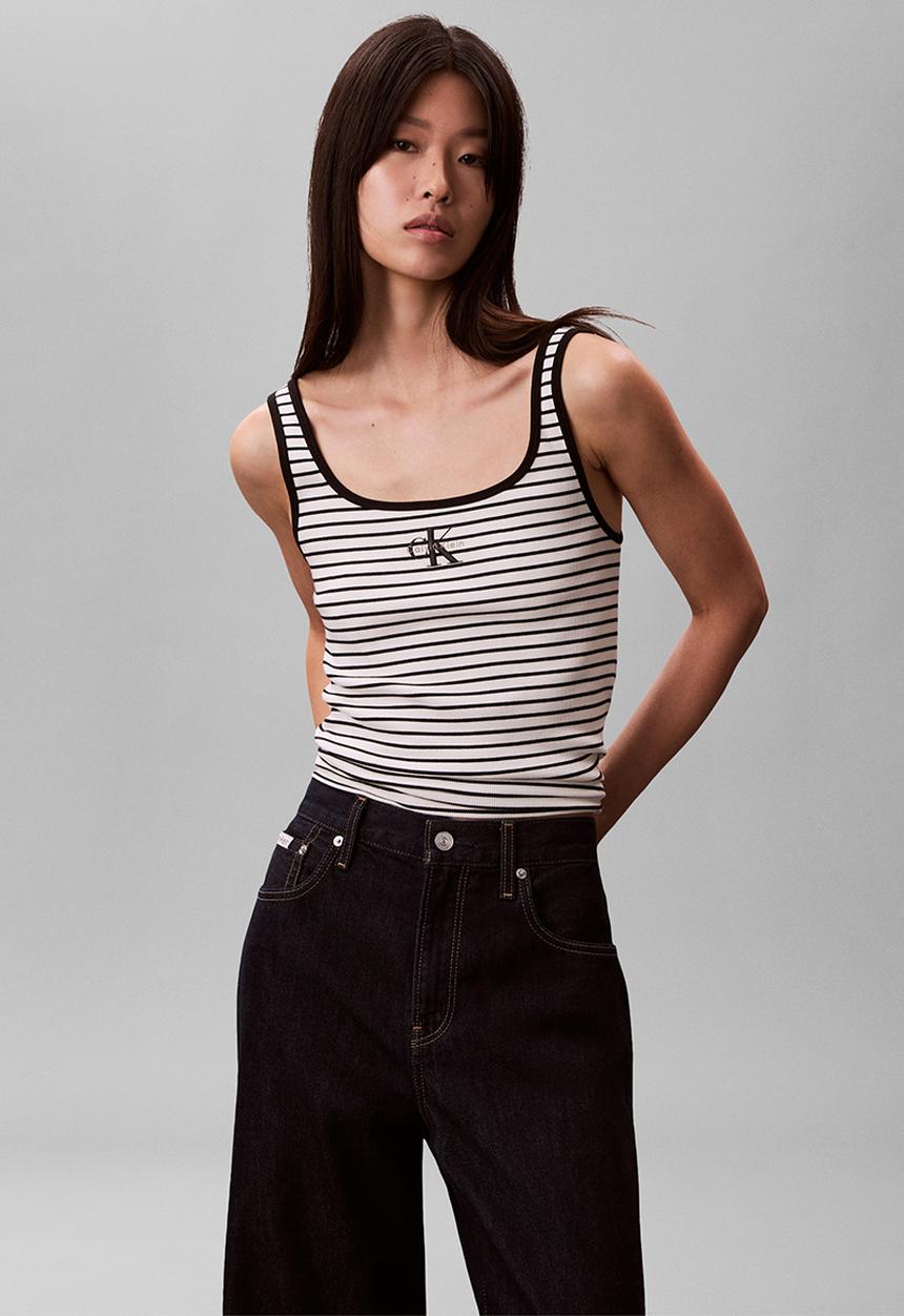 Calvin Klein - Striped monologo scoop nk rib tank top - black stripe