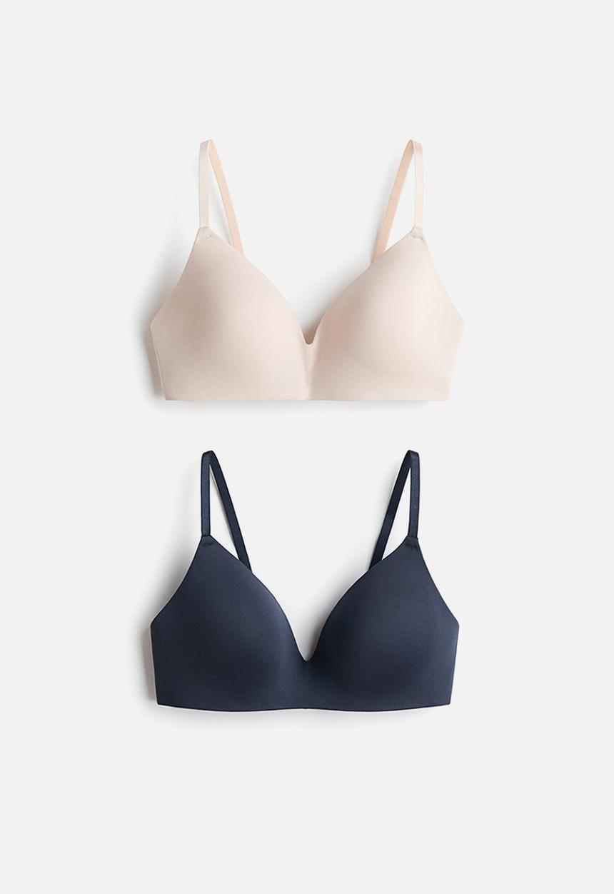 H&M - 2-Pack microfibre non-wired bras - navy blue/light beige