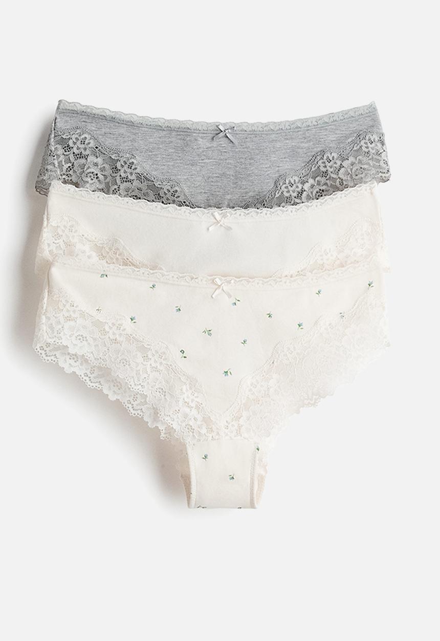 H&M - 3-pack cotton and lace hipster briefs - cream/grey marl