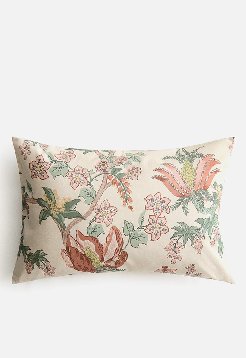 H&M - Patterned canvas cushion cover - light beige/floral