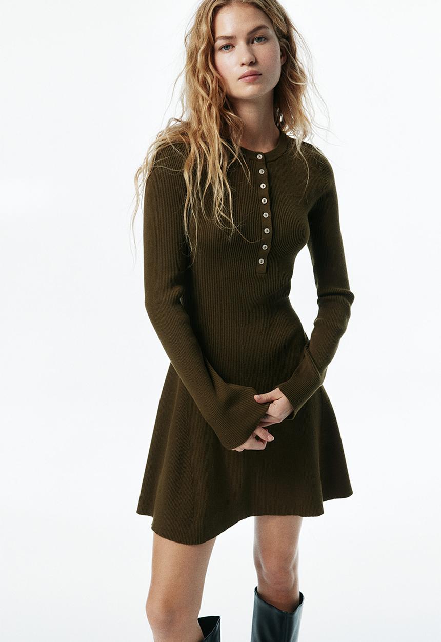 H&M - Rib-knit flared-skirt dress - dark olive green