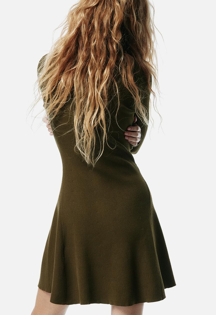 H&M - Rib-knit flared-skirt dress - dark olive green