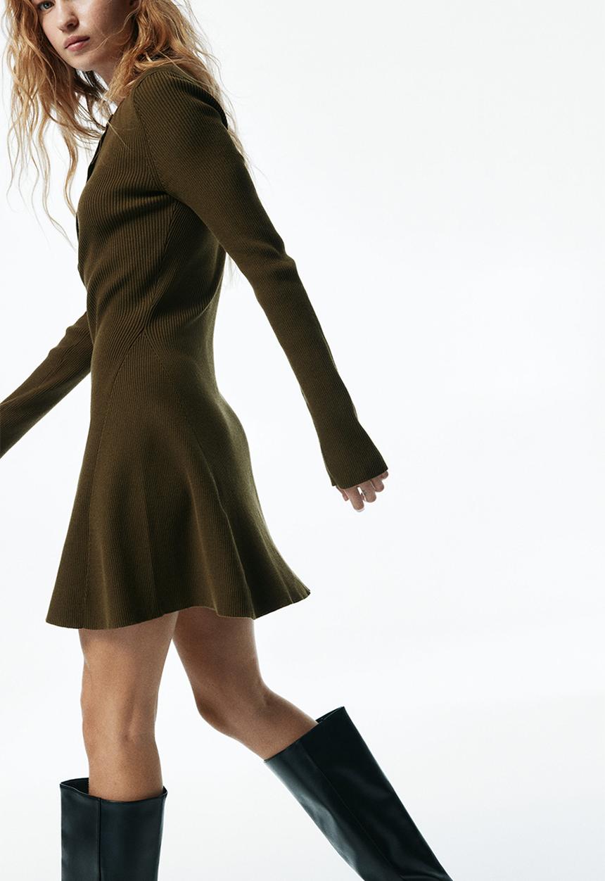 H&M - Rib-knit flared-skirt dress - dark olive green