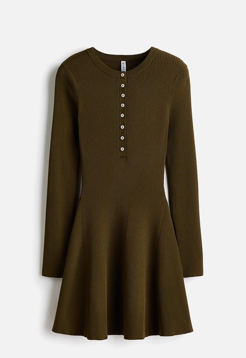 H&M - Rib-knit flared-skirt dress - dark olive green
