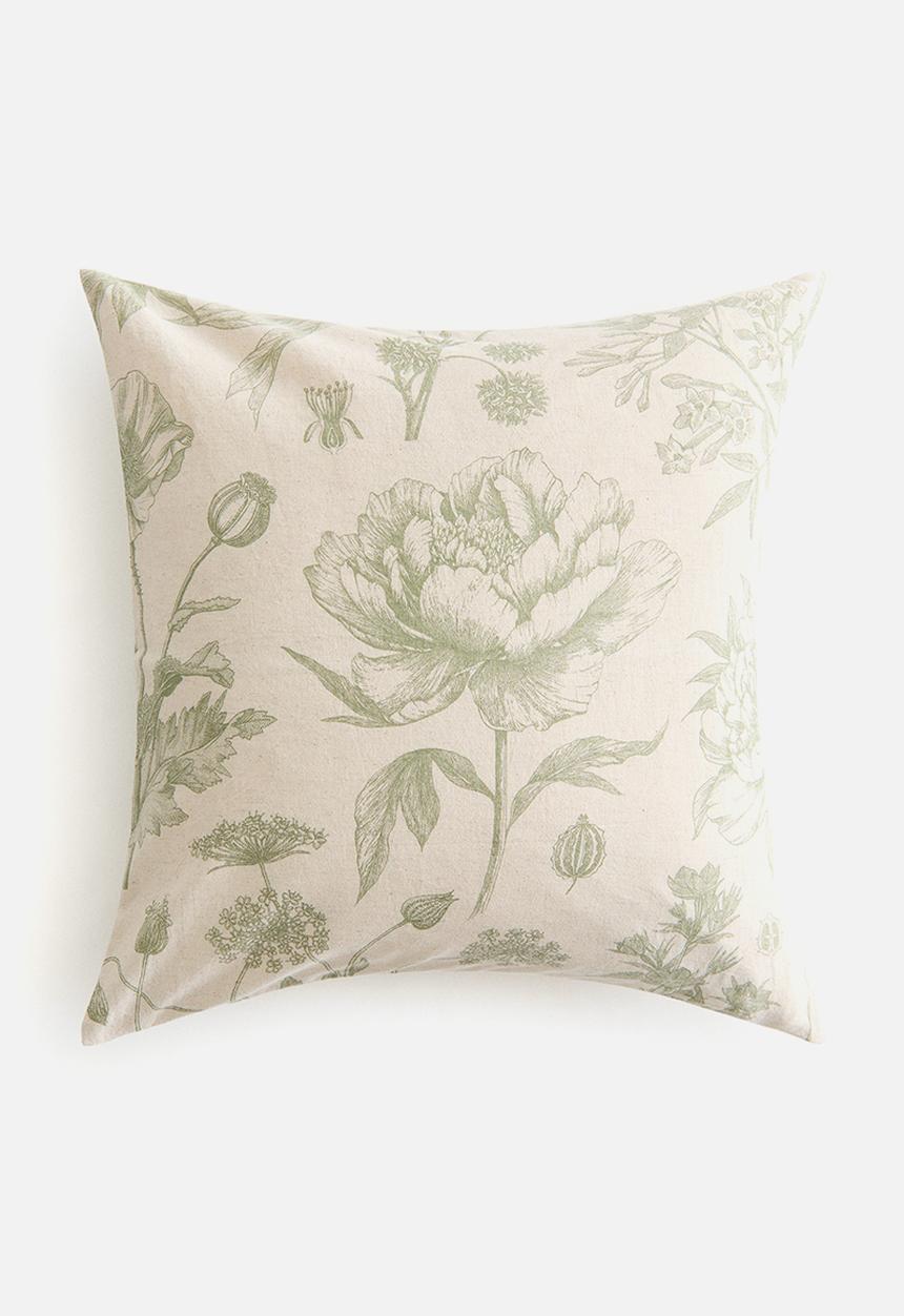 H&M - Linen-blend cushion cover - light beige/floral