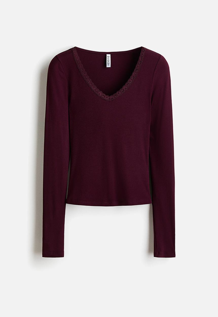 H&M - Lace-trimmed jersey top - plum purple