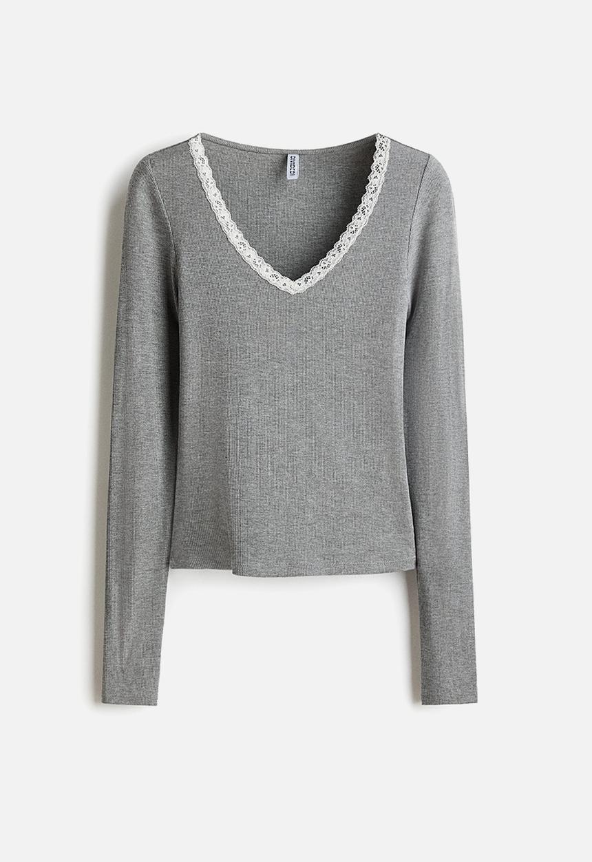 H&M - Lace-trimmed jersey top - light grey marl